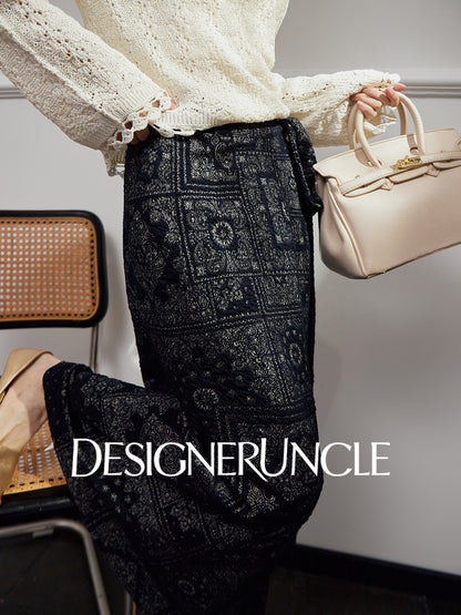 DGU|Dark Blue Printed Retro Lazy Style Design High-waisted A-Line Skirt - Antonio.