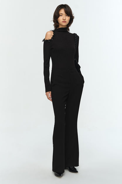 COMME MOI Lu Yan designer's new women's off-the-shoulder stud bead slim wool knitwear - TIRED.