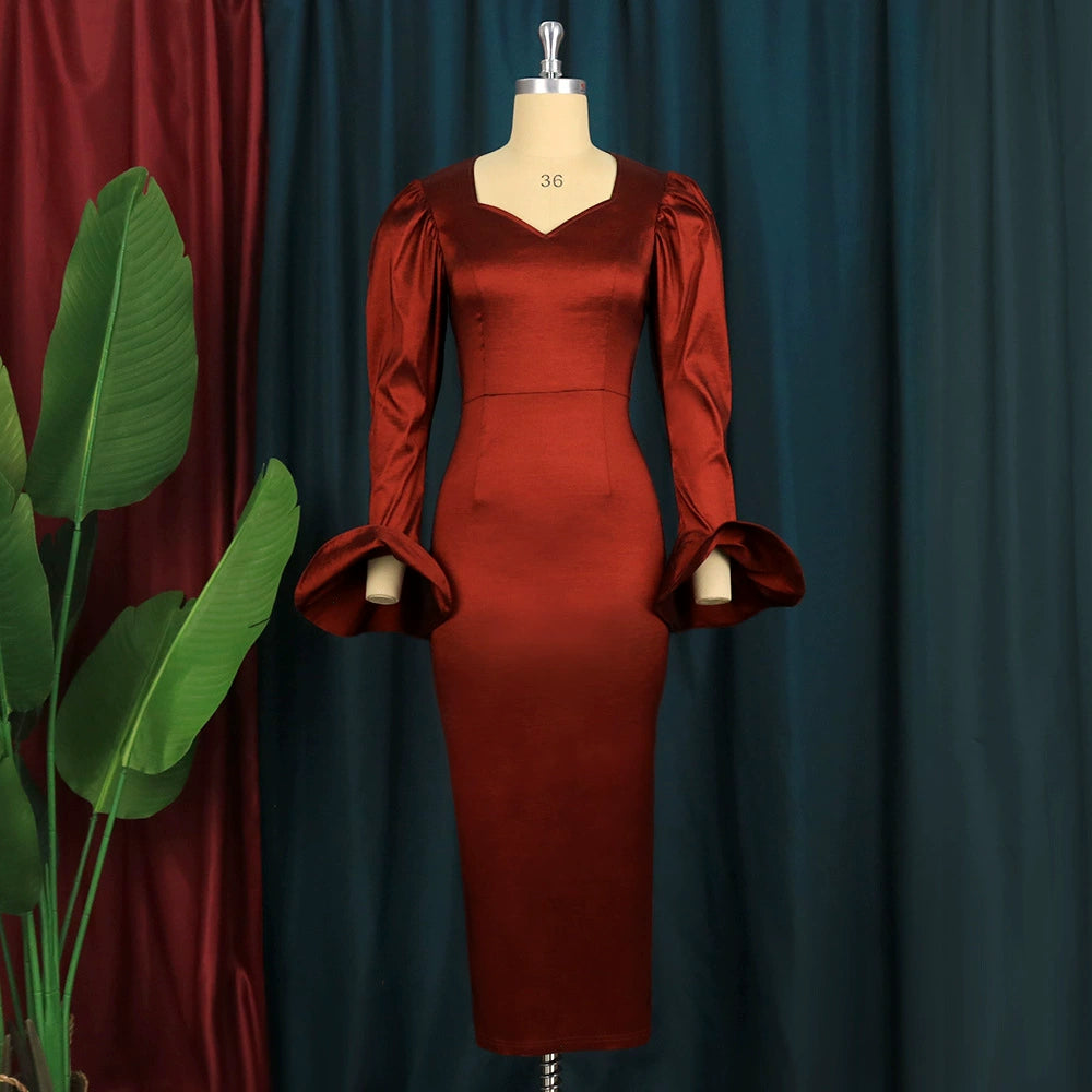 DOLLY High End Green Square Collar Long Sleeve Slim Fit Long Dress-MALU