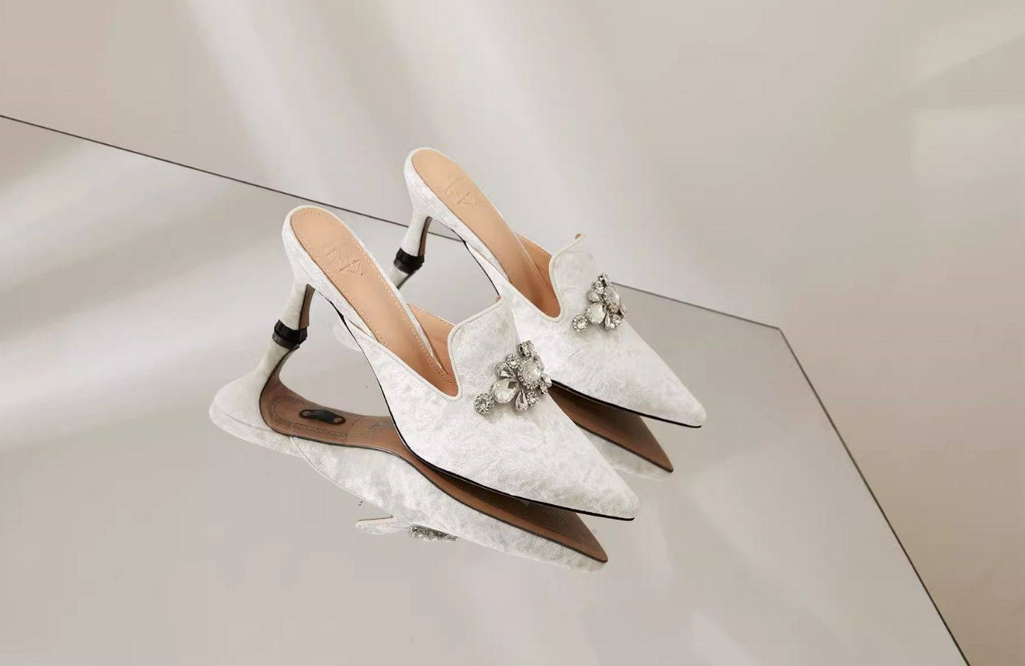 B-FEI Feather Rhinestone White small heels Mule Shoes - POLZ.