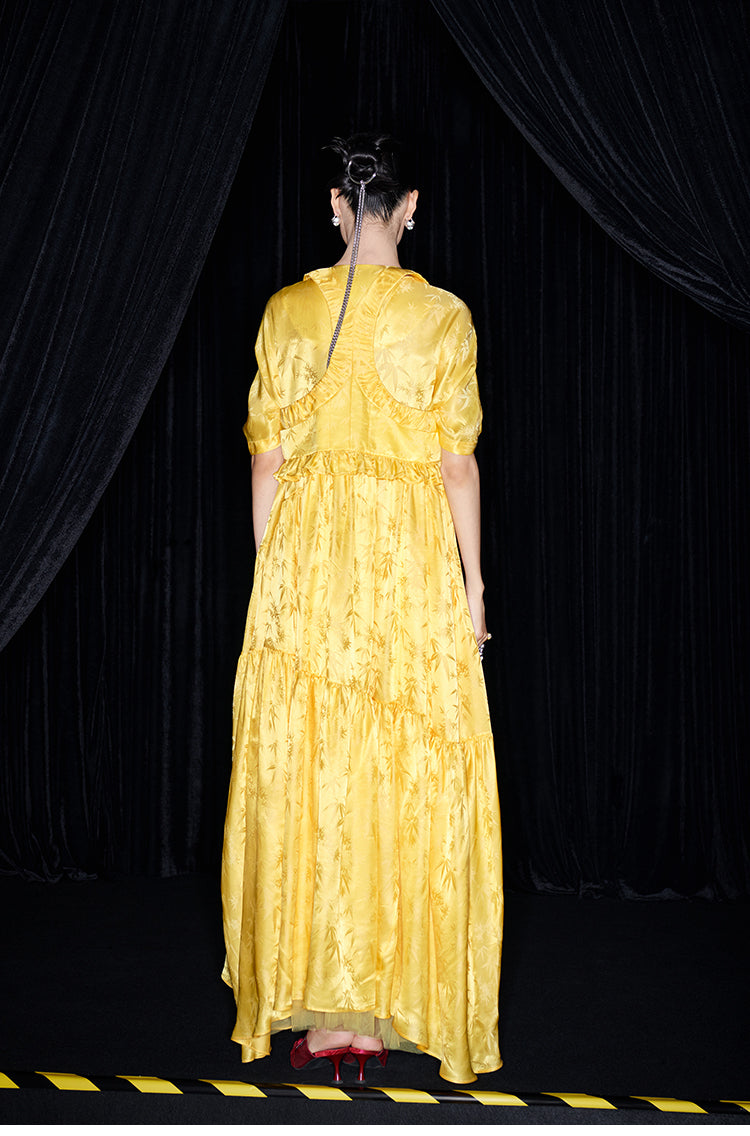 M essential Mackay designer Pine yellow jacquard short-sleeved tower fll dress- Abyn.