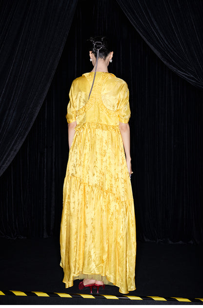 M essential Mackay designer Pine yellow jacquard short-sleeved tower fll dress- Abyn.