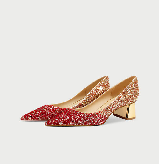 Pjjuu color block ombre sequin red gold pointy toe kitten heel pump - Serka