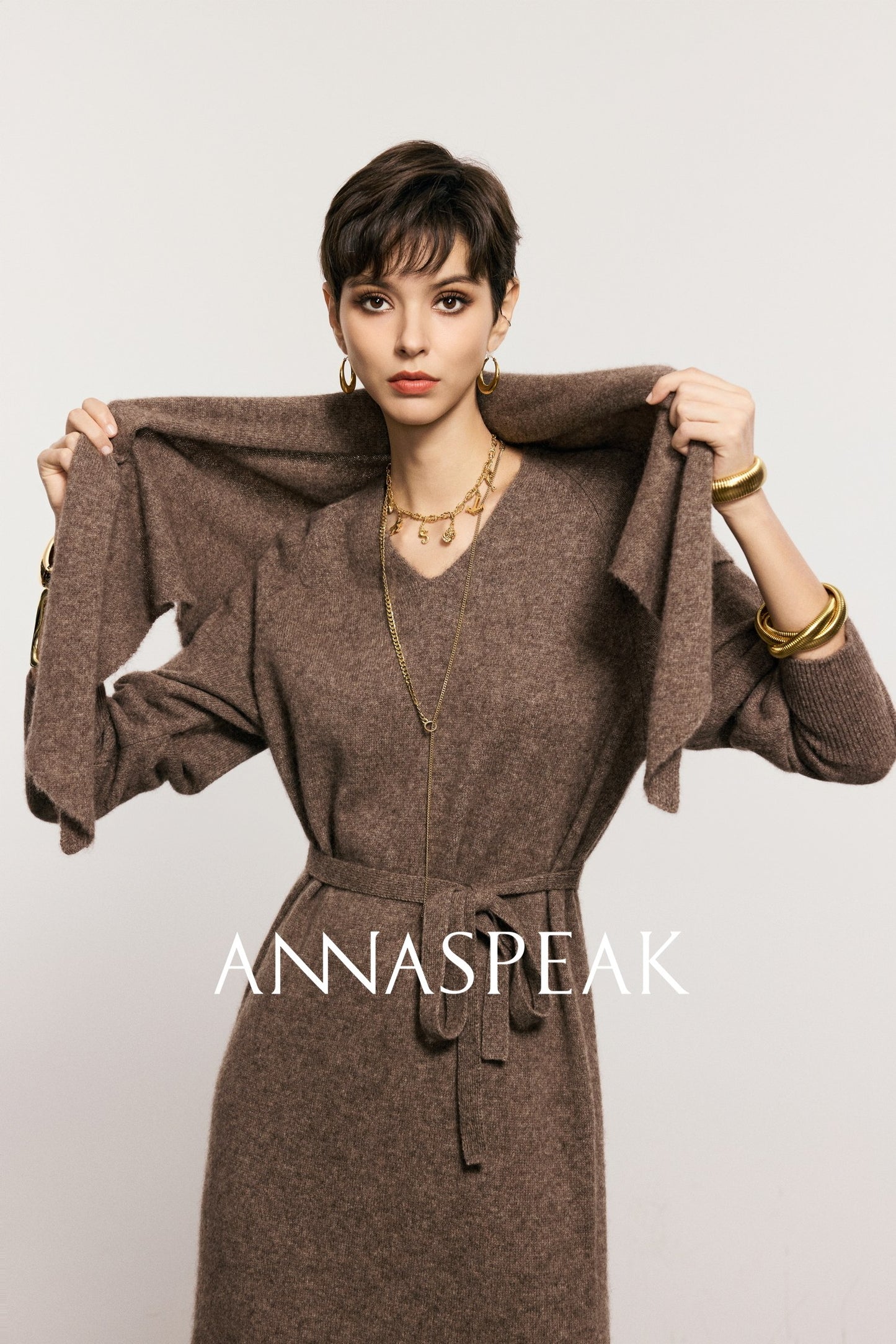 ANNASPEAK  Wool V-Neck Dress Shawl Knit Set Winter-KIKI.
