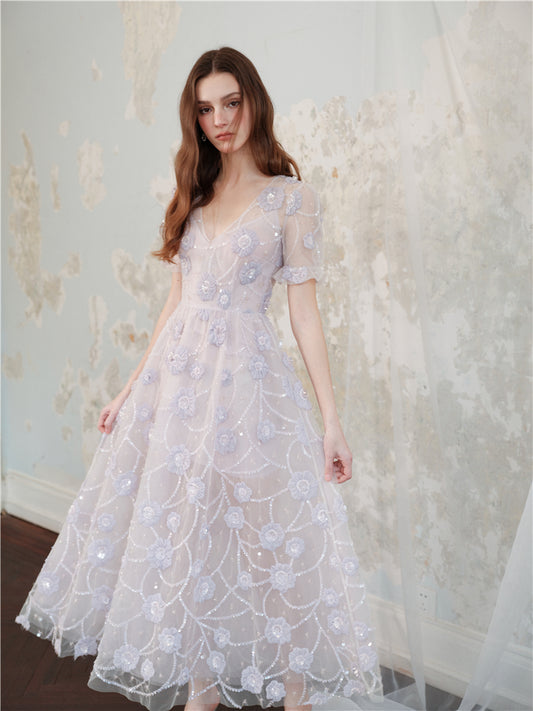 Wardrobes by Chen Luxury Lavender V-Neck Puff Sleeves Embroidered midi Dress-Spark