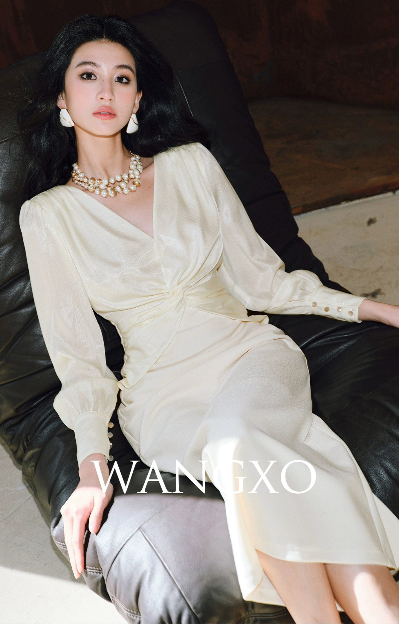WANGXO | Wrinkled Bright Silk Satin Hemp V-Neck Twisted Waist Slim Dress -ZAYA.