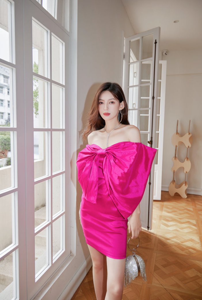 DOLLY Elegant Rose Pink Big Bow Tube Top Slim Fit Short Party Dress-FERN