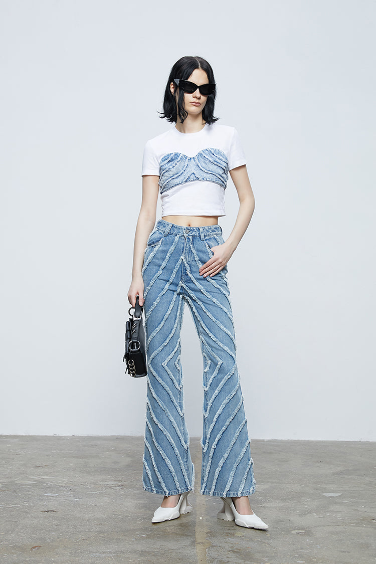 ANNAKIKI fractal shooting star raw edge denim bell bottoms-YAMEN.