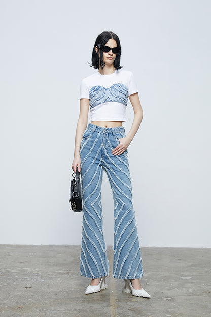 ANNAKIKI fractal shooting star raw edge denim bell bottoms-YAMEN.