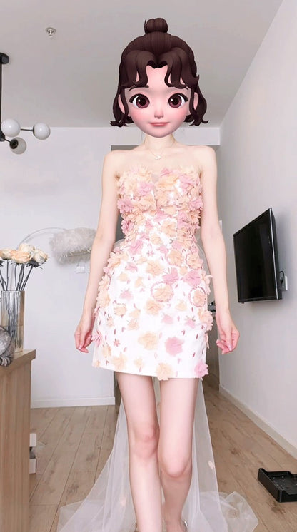 DOLLY Luxury French Style Chest Wrap Flower Sleeveless Backless Short Dress-PALMA