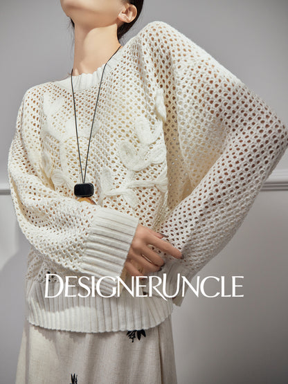 DGU|White sweater new loose design niche pullover light luxury hollow knitted top - BEHOLD.
