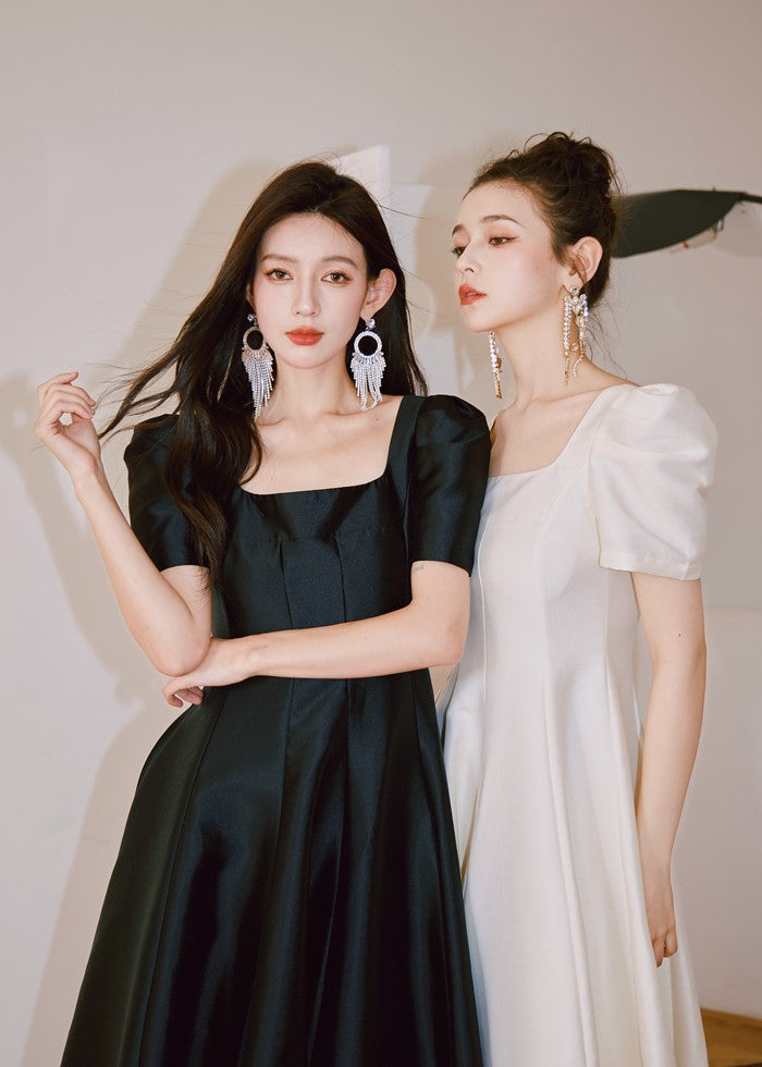 DOLLY Elegant Retro Square Neck Short Puff Sleeve Satin Long A-Line Dress-BAMBI