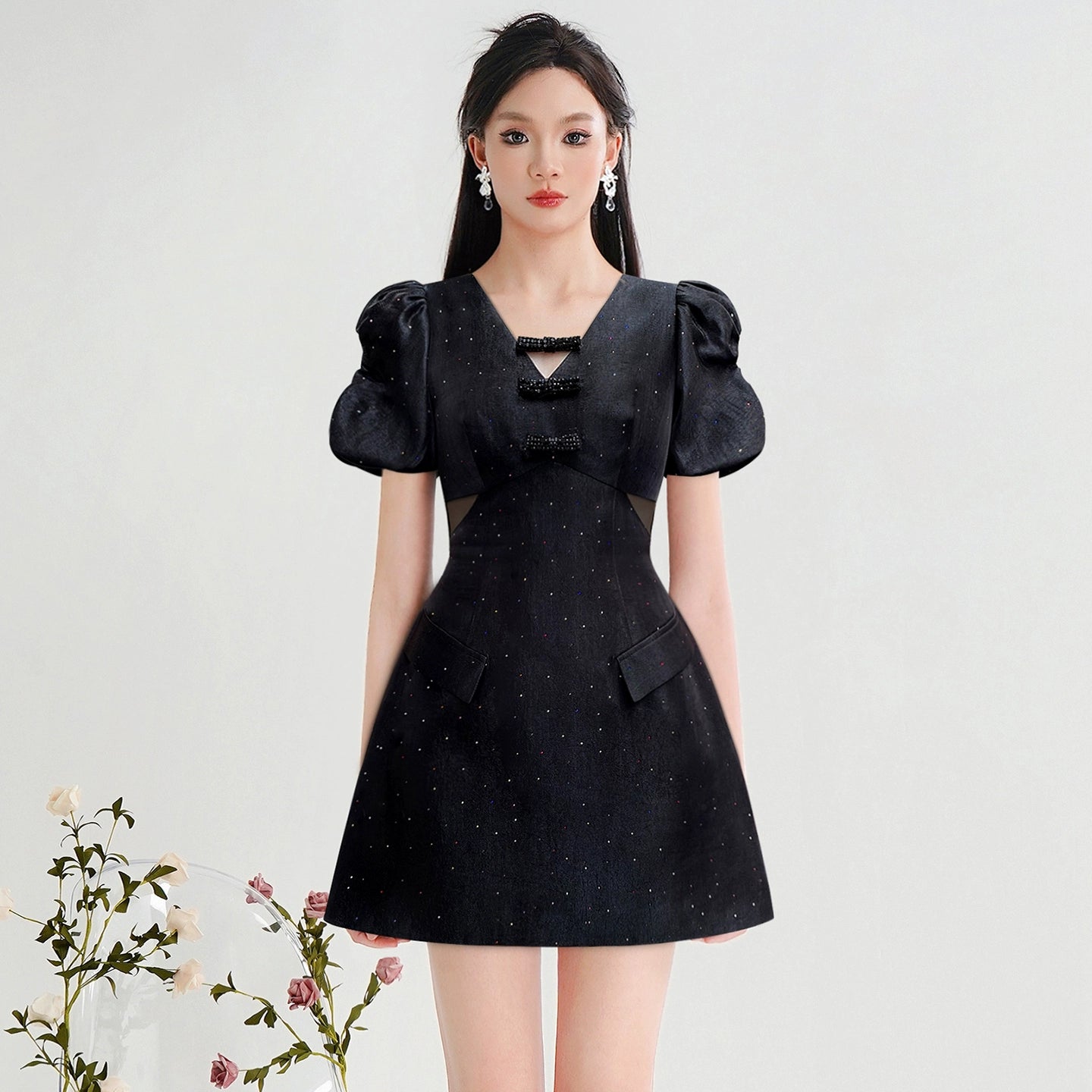 CHECOCRE Stubble design V-neck fashion high-waisted puff sleeve hot diamond craft dress -BOW.