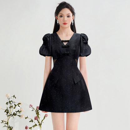 CHECOCRE Stubble design V-neck fashion high-waisted puff sleeve hot diamond craft dress -BOW.