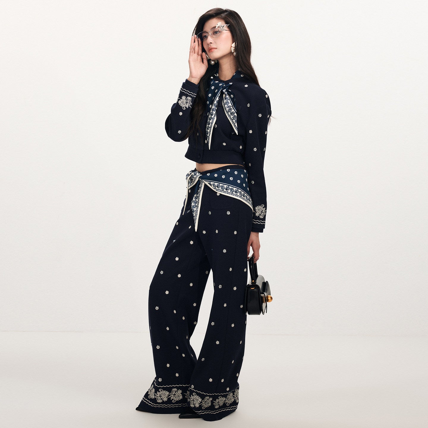 FAME Beaded Print Silk Scarf Embroidered Pants - VEDA