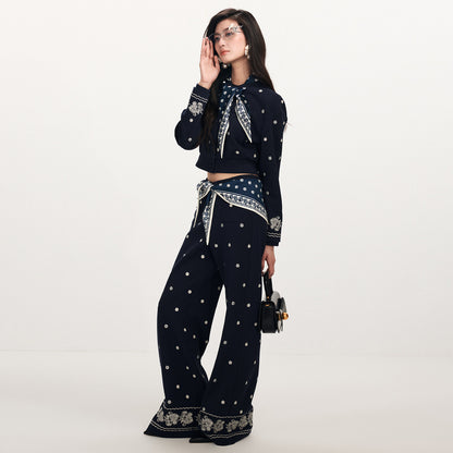 FAME Beaded Print Silk Scarf Embroidered Pants - VEDA