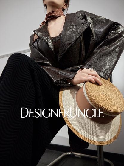 DGU "Obscure Shadow" Flower Coffee Haining Genuine Leather Retro Slimming Top - HEADS.