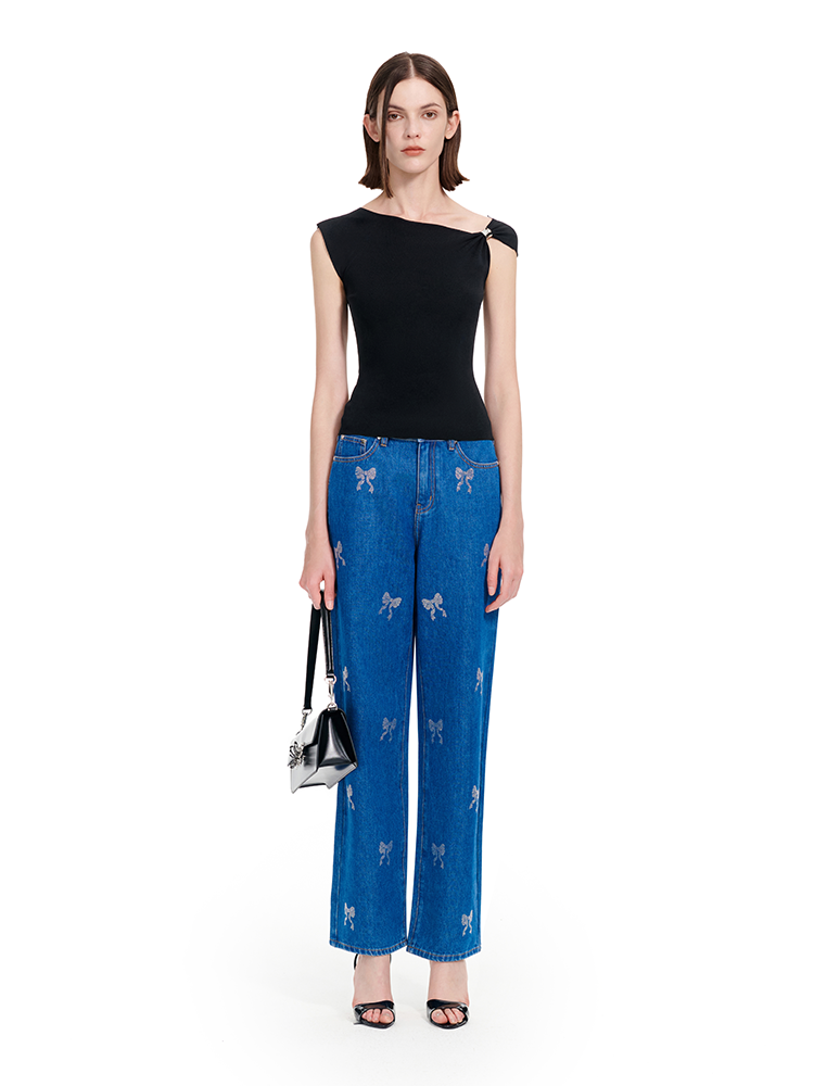 YES BY YESIR | Ye Qians Shine Love Bow Hot Diamond Straight Jeans -MIRABELLE.