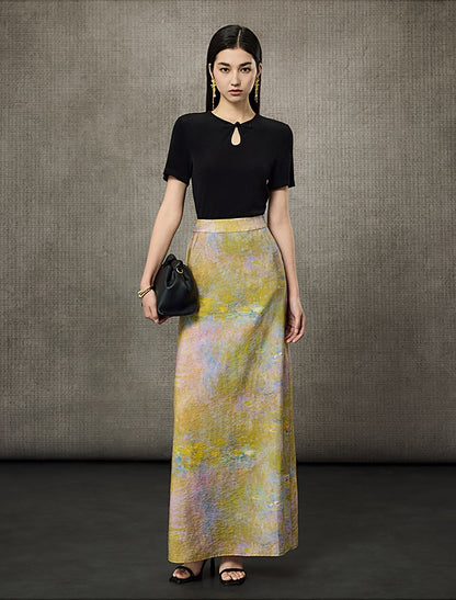 HECO Oil Painting Print High Waist Slim Skirt- SHIELD.