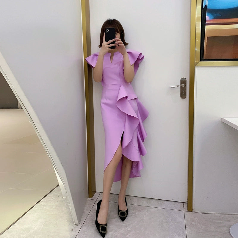 DOLLY Luxury V-Neck Short Sleeve High waist Slim Fit Irregular Hem Date Dress-LISA