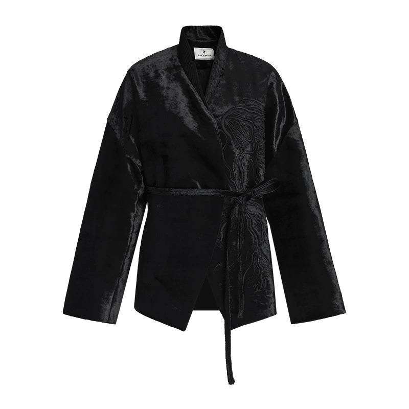 ZHUCHONGYUN velvet wrap jacket with embroidery long sleeves and a tie waist-ARTICA.