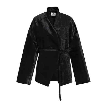 ZHUCHONGYUN velvet wrap jacket with embroidery long sleeves and a tie waist-ARTICA.