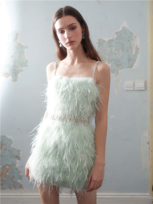 Wardrobes by Chen Luxury Mint Green Diamond Chain Strap Feather Short Dress-Sam