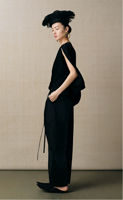 ZHUCHONGYUN pleated satin glossy one-shoulder loose silhouette top--ANARI.