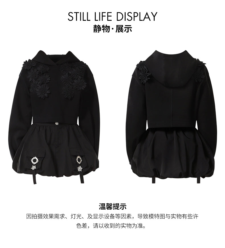 CHECOCRE Classy Sweet Cool Black Sweatshirt Shorts Two Piece Set - LEAF