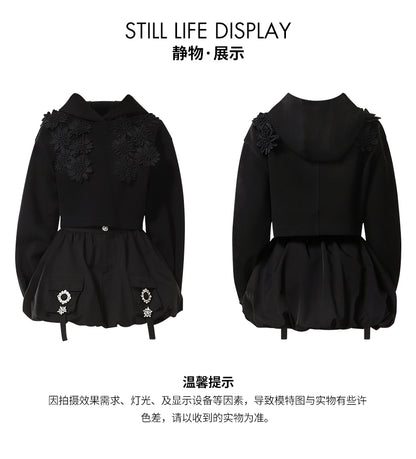 CHECOCRE Classy Sweet Cool Black Sweatshirt Shorts Two Piece Set - LEAF