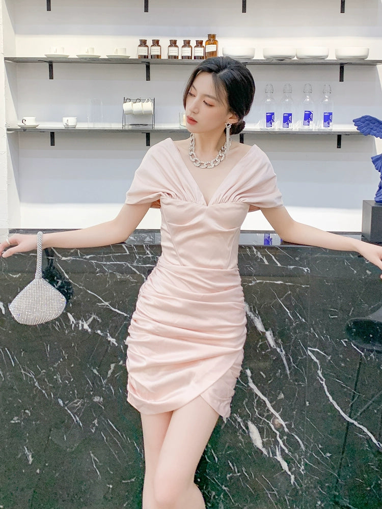 DOLLY Elegant V-Neck Short Sleeve Tube Top Slim Fit Pleated Short Date Dress-LITA