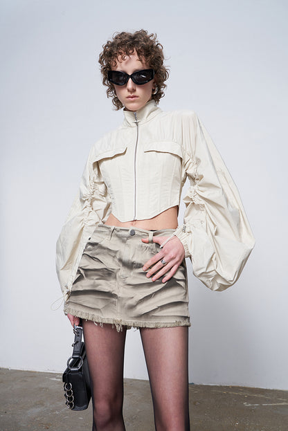 ANNAKIKI Futuristic herringbone shirred slim cropped jacket-KEANE