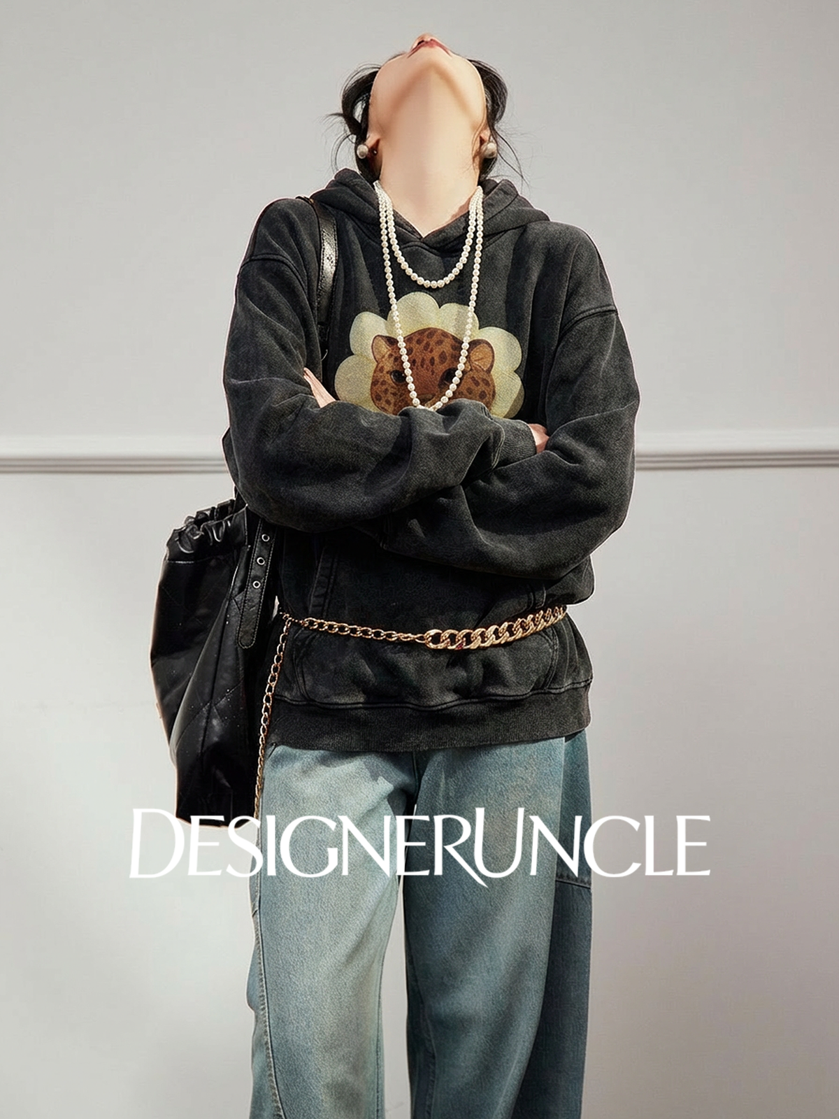 DGU×LAB|Black leopard print loose fleece hooded pattern sweatshirt - JOHA