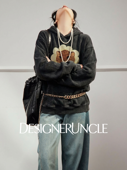 DGU×LAB|Black leopard print loose fleece hooded pattern sweatshirt - JOHA