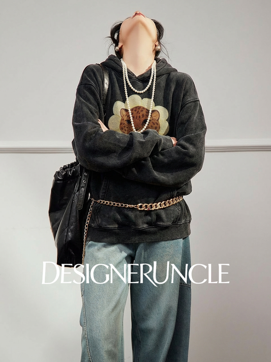 DGU×LAB|Black leopard print loose fleece hooded pattern sweatshirt - JOHA