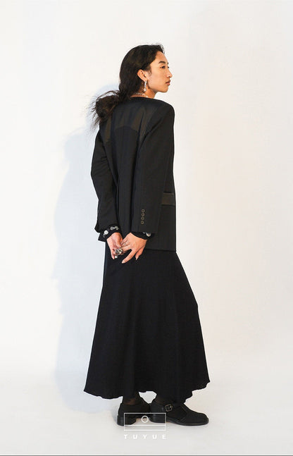 TUYUE Black Wool Silk Silhouette V-Neck Suit - XENA.