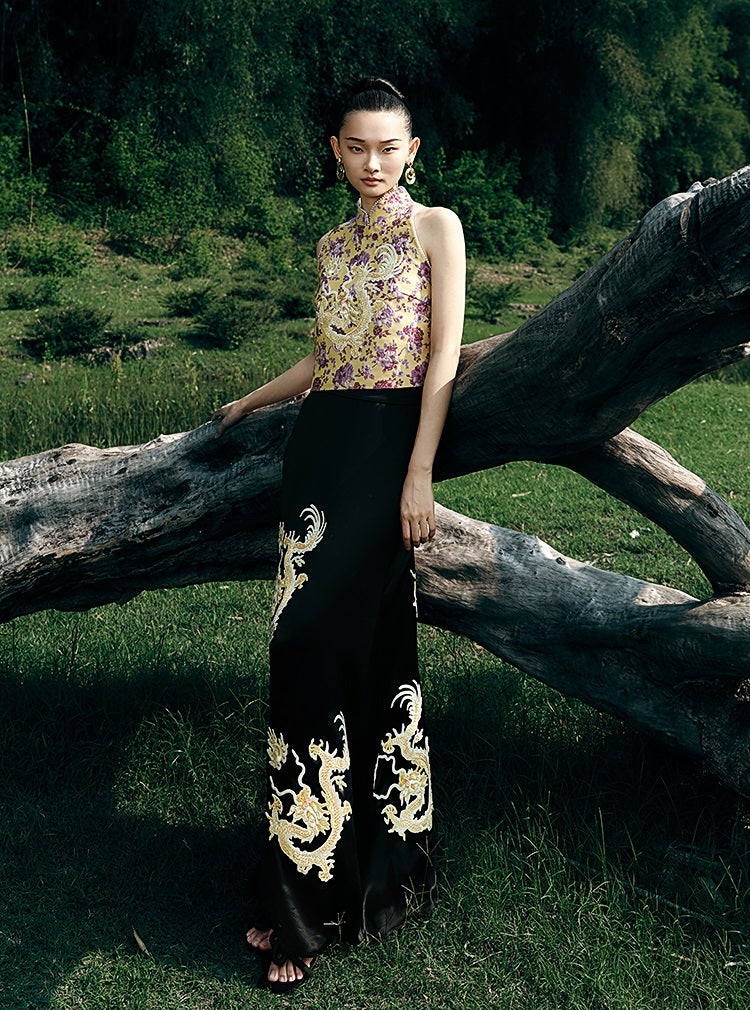 HECO Chinese Embroidery Golden Dragon Acetate Skirt - ALPHA.