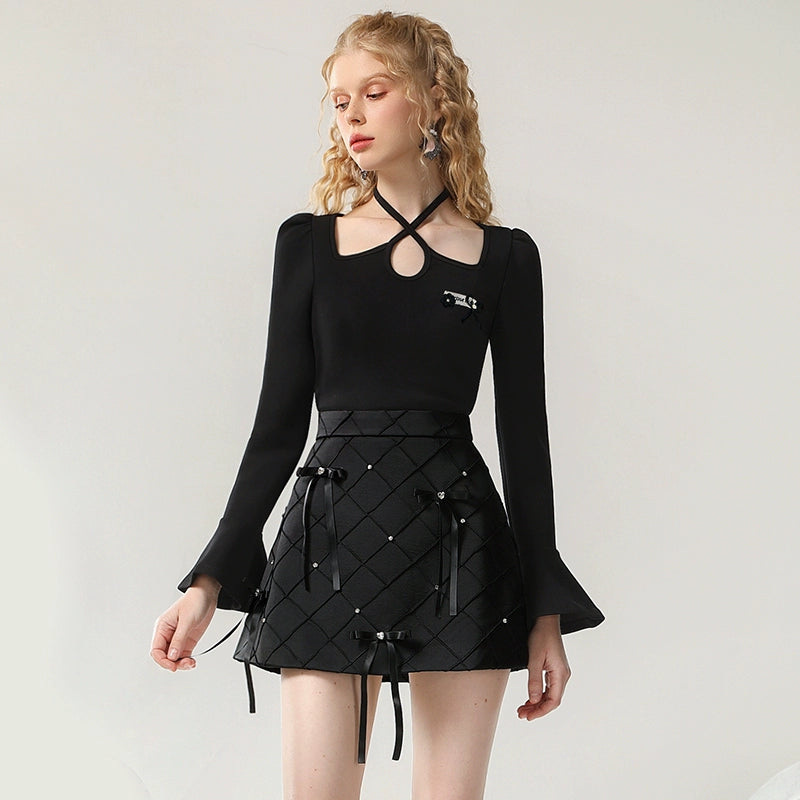 CHECOCRE Elegant Women's Design Sense Bow Satin Rhombi Two Piece Set - DESIRE