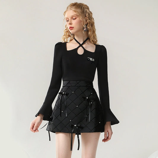 CHECOCRE Elegant Women's Design Sense Bow Satin Rhombi Two Piece Set - DESIRE