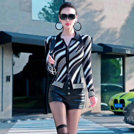 VJE Stripe Knitted Cardigan Slim Length Age-Reducing Contrast Sweater-NIN.