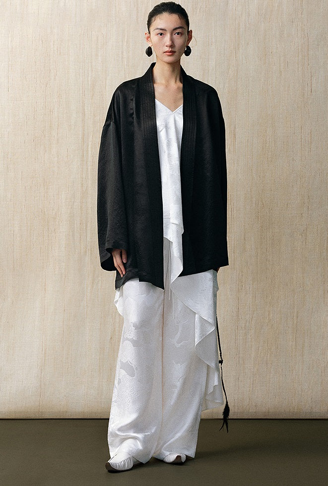 ZHUCHONGYU cross-collar satin black loose with belt jacket--MISAKI.
