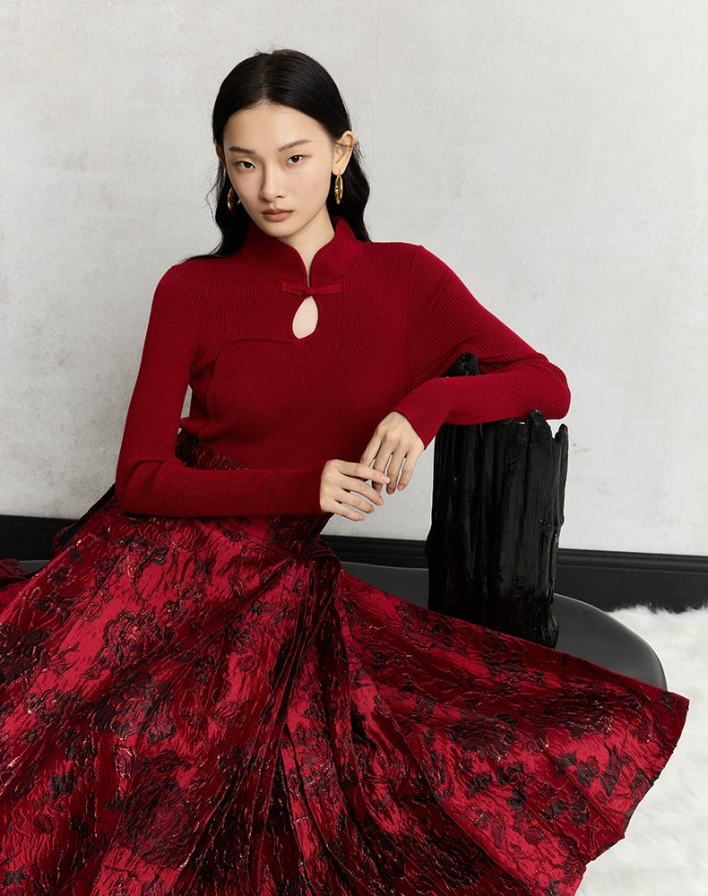 HECO Cheongsam Collar Hollow Buckle red black apricot Knitwear Slim Bottom - whom.