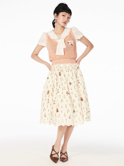 FAME Beaded Patchwork Lace Fake Two Knitted Short Sleeve Top - ETHAN