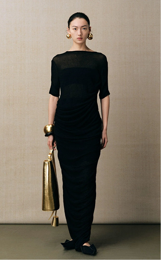 ZHUCHONGYUN black one-line collar irregular pleated waist knit top-TAMAKI.