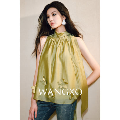 WANGXO Luxury Brand High-End Tencel Acetate Heavy Handmade Nail Flowers French Loose Ribbon Sleeveless Top - MAEVE