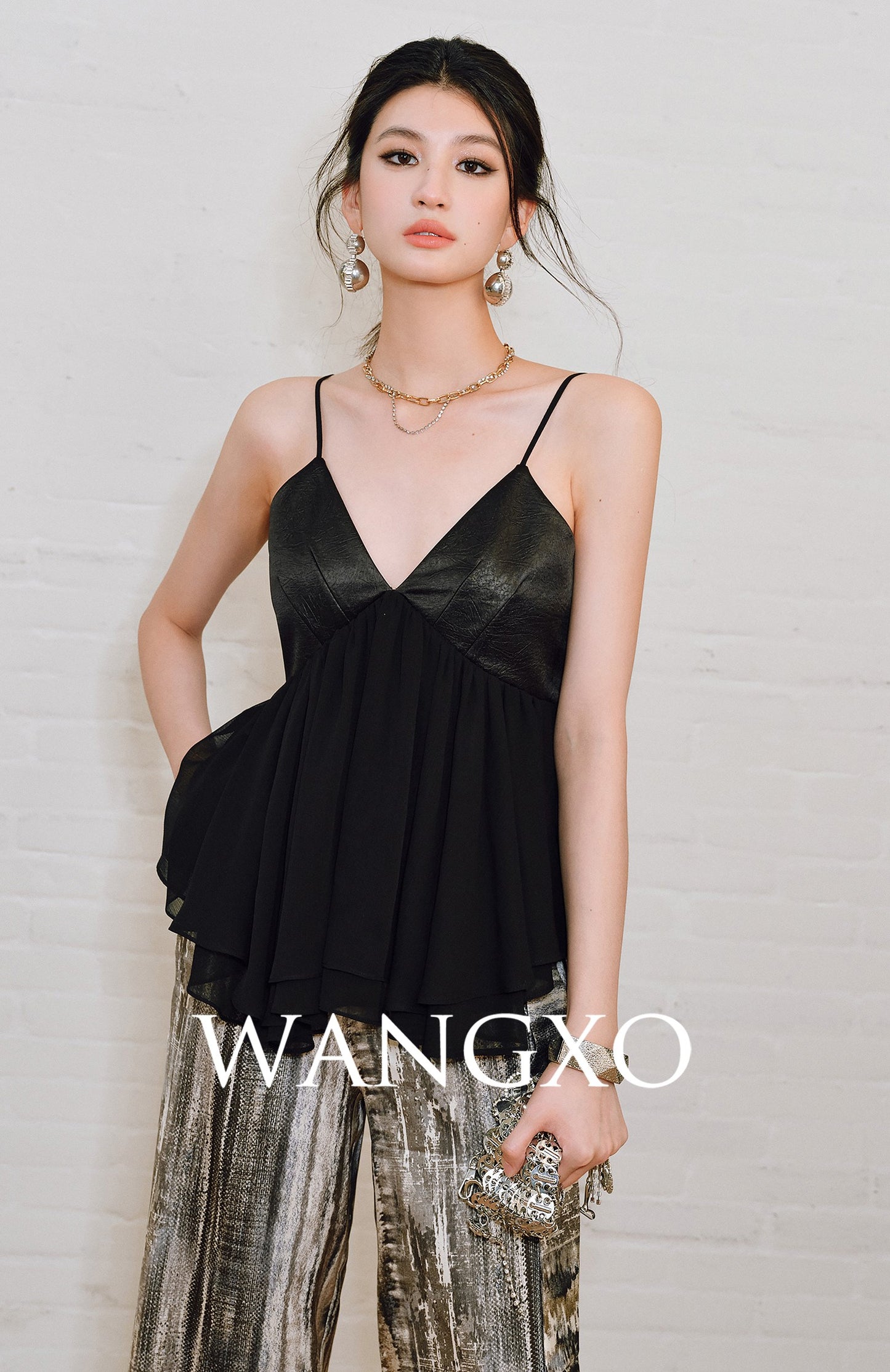 WANGXO | Chiffon Deep V Drawstring Draped Sling Top -MIRABELLE.