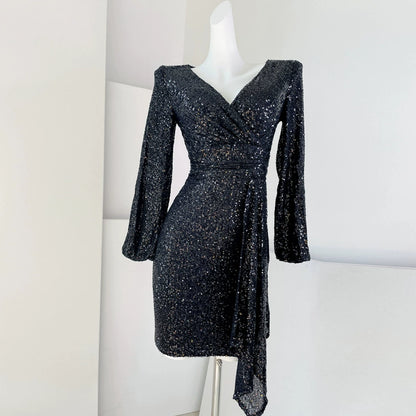 DOLLY Luxury Bright Sequin V-Neck Long Sleeve Short Irregular Hem Dress-WILLOW
