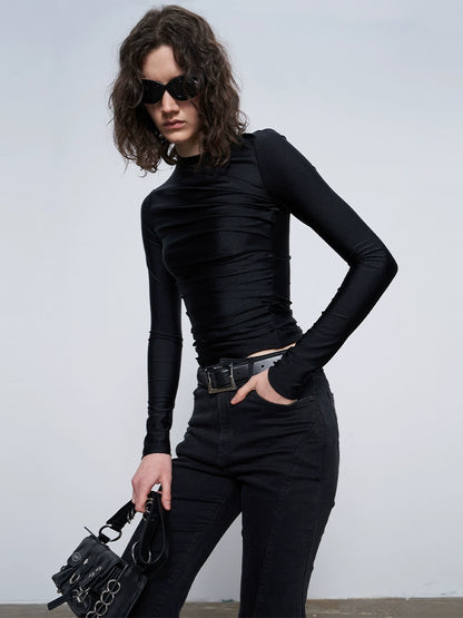 ANNAKIKI black pleated texture long-sleeved  top for women-VENUS