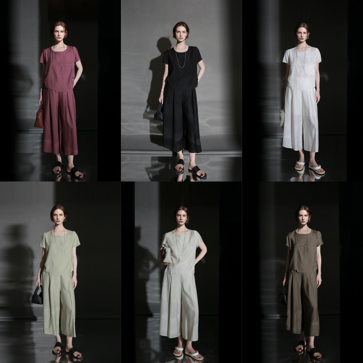 PIAOIN textured linen silk loose wide-leg cropped pants set summer-GISELLE.