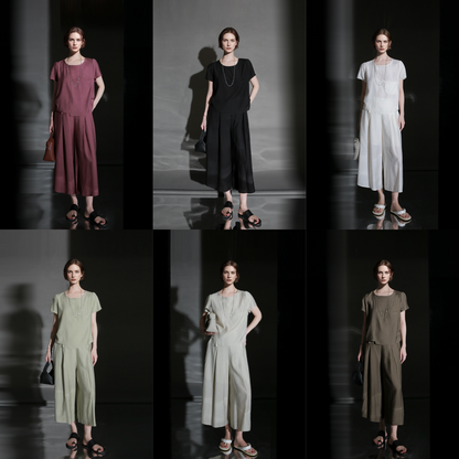 PIAOIN textured linen silk loose wide-leg cropped pants set summer-GISELLE.